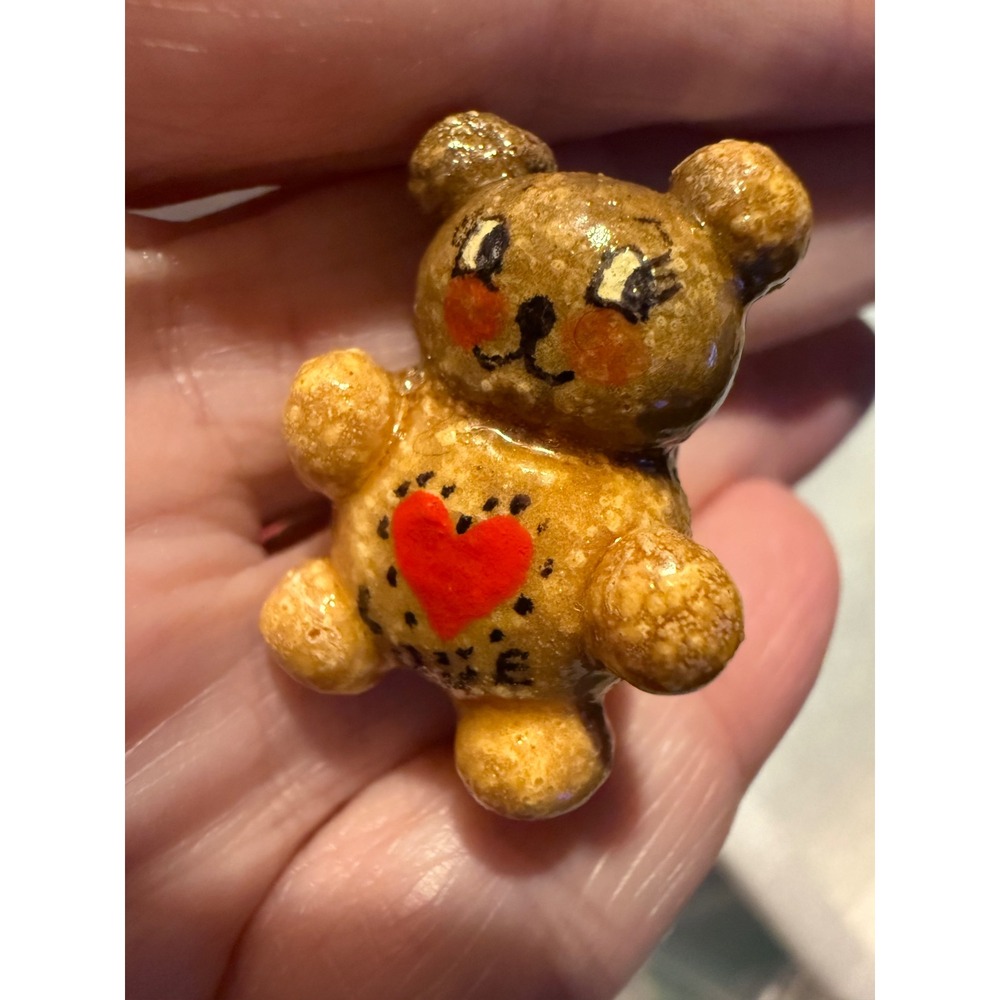 Vintage Handmade Teddy Bear Brooch Brown Red Heart Love Kitsch Kidcore Pin 70's